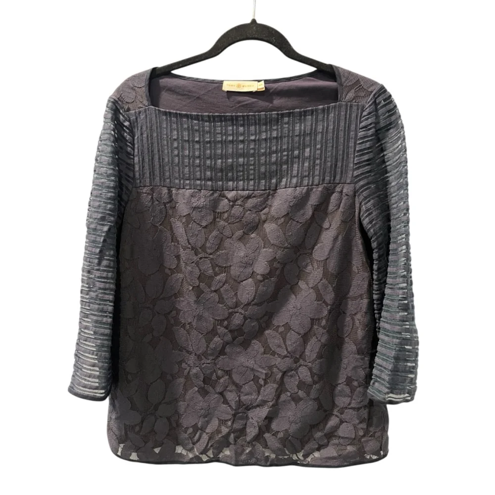 Tory Burch Lace Lined Size Medium Navy Blue Blouse Top Cotton Blend Work Floral
